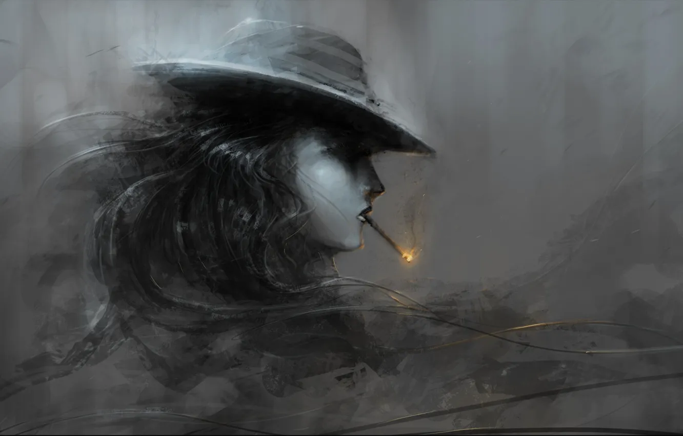Wallpaper girl, fire, hat, art, cigarette, profile, black and white images  for desktop, section живопись - download