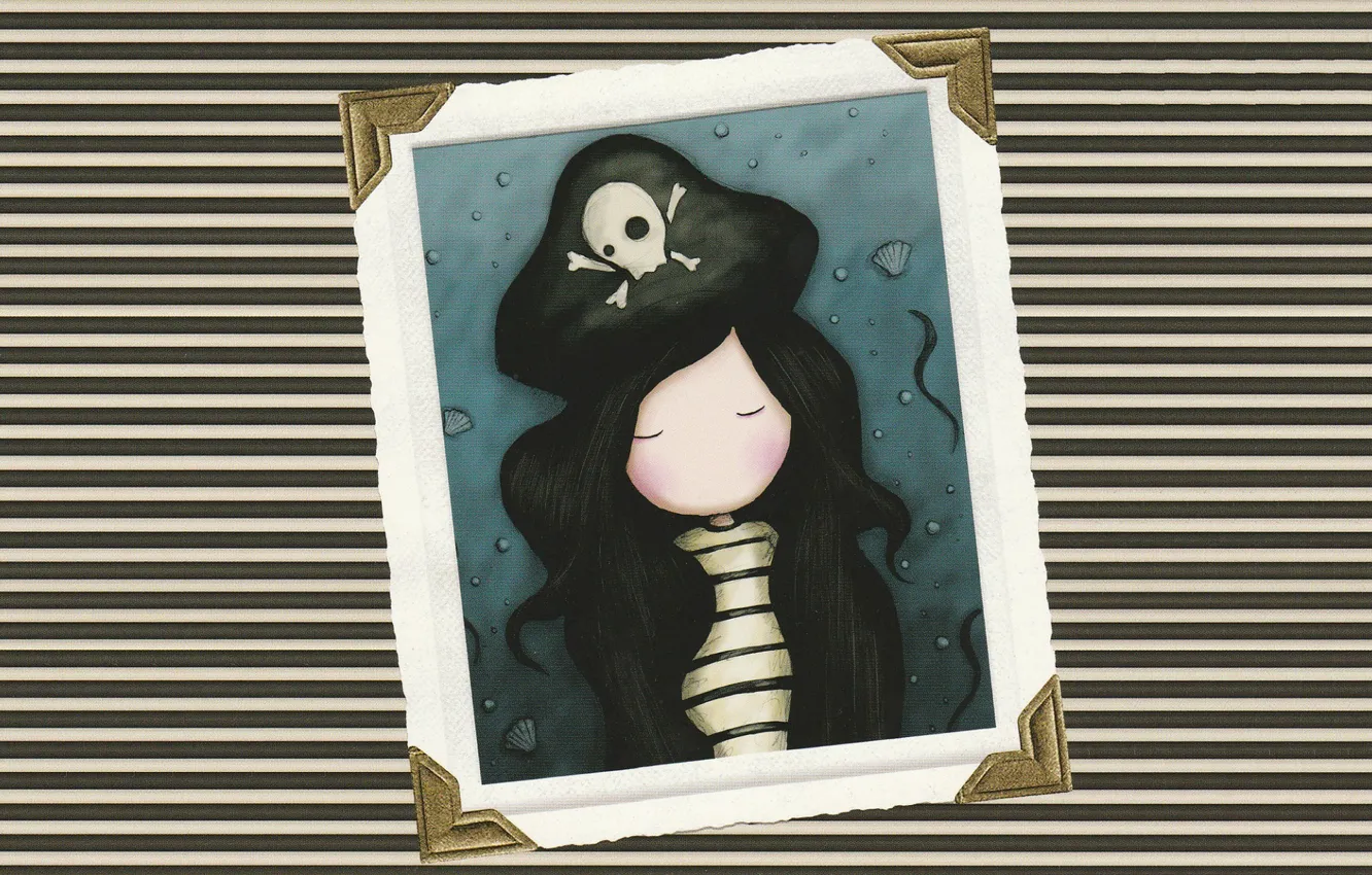 Photo wallpaper strip, hat, frame, shell, pirates, black hair, vest, closed eyes, Skull and bones