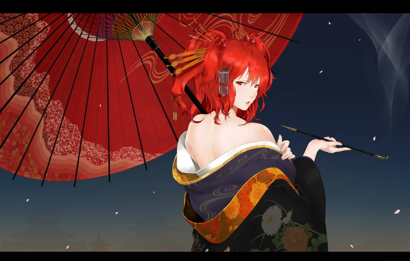 Photo wallpaper petals, hairstyle, geisha, mouthpiece, kimono, flirting, red umbrella, red hair, sideways, neck shoulders