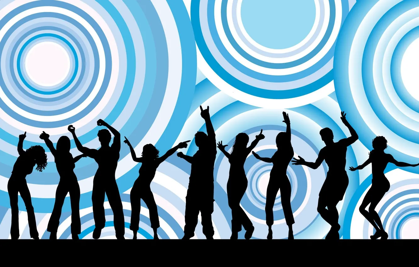 Photo wallpaper girl, circles, background, people, blue, black, fun, male, dancing, silhouettes, dance, texture