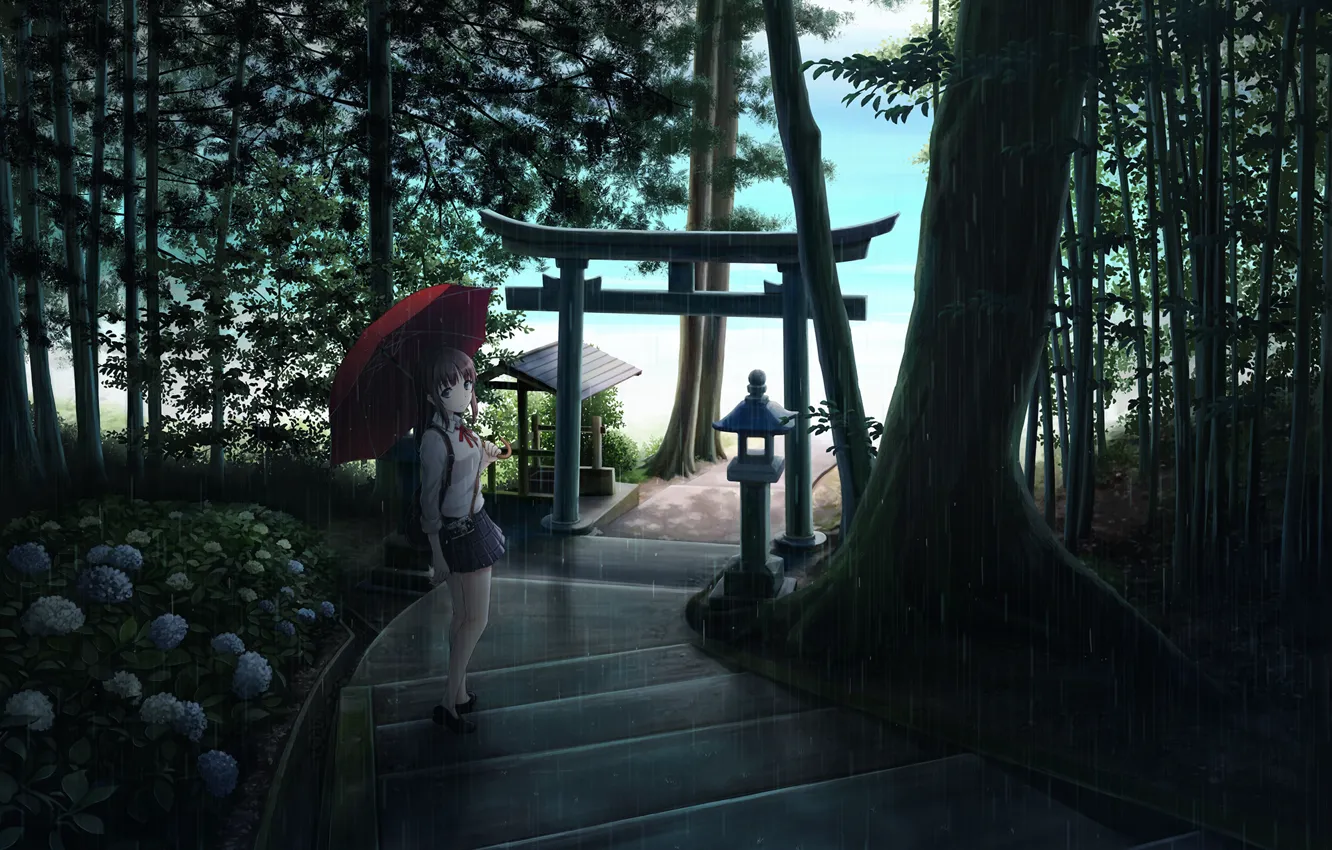 Photo wallpaper girl, trees, flowers, nature, rain, umbrella, anime, art, the camera, ladder, schoolgirl, ume32ki