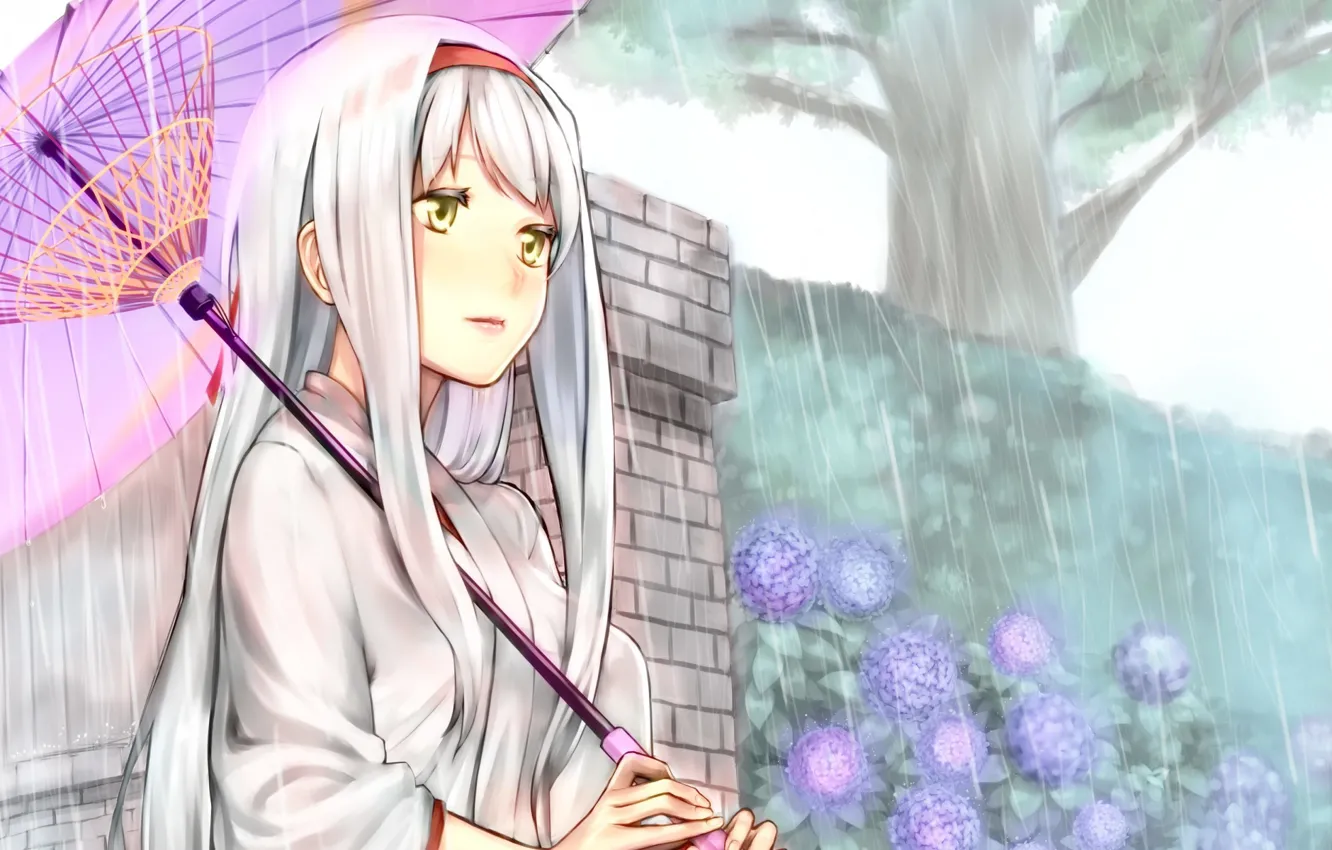 Photo wallpaper rain, tree, Girl, umbrella, long hair, hydrangea