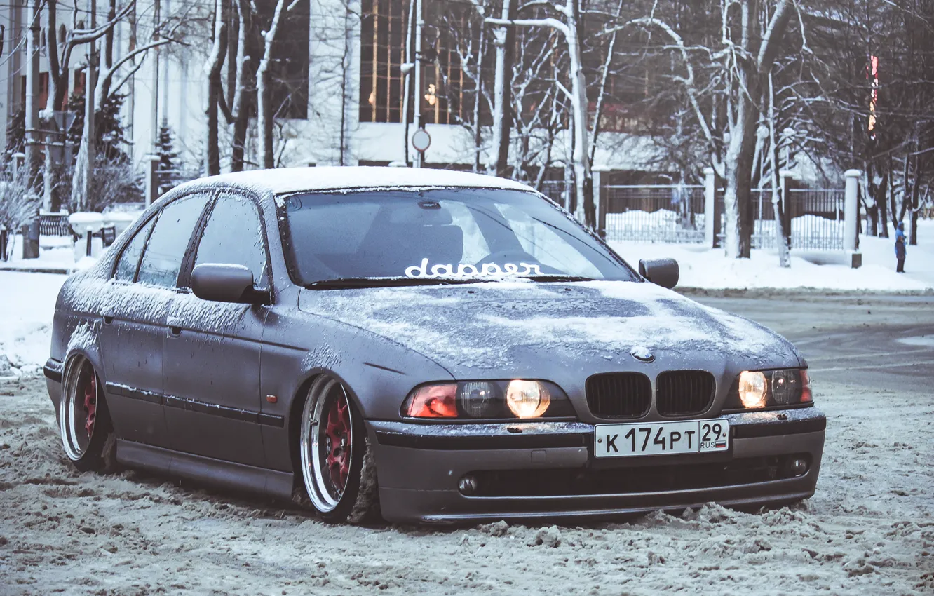 Photo wallpaper Winter, Snow, BMW, BMW, Lights, E39, Stance, Front